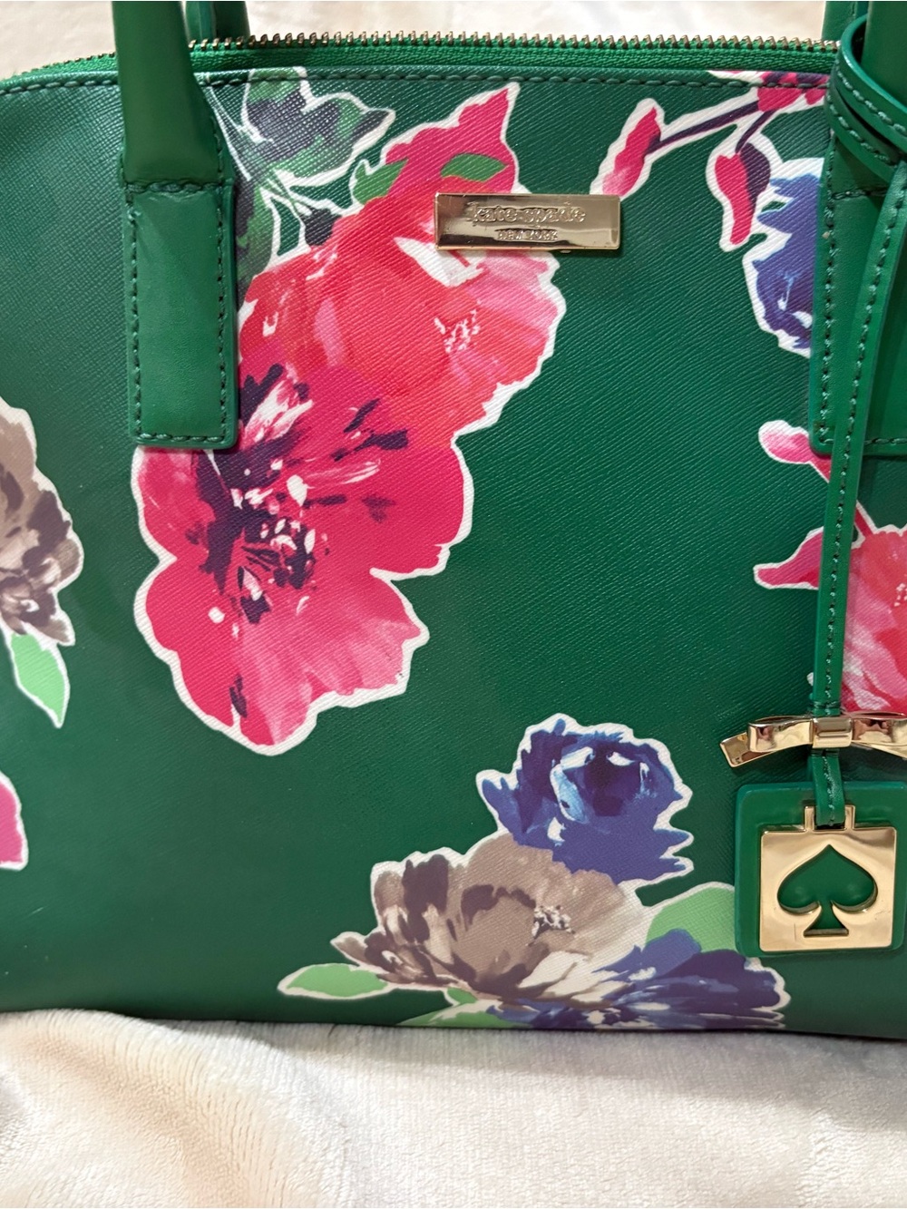 kate spade green floral tote with pink and purple blooms